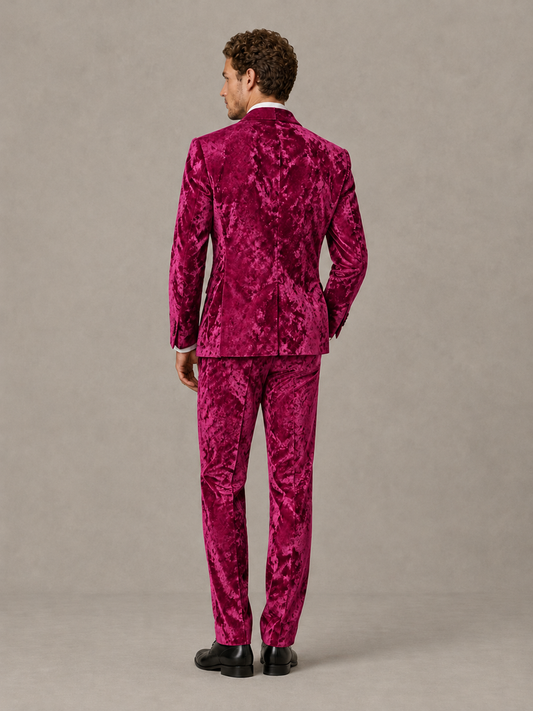 Savile Men's Fuchsia Crushed Velvet Peak Lapel 2-Piece Suit Set | Jacket & Trousers - Fuchsia - Fuchsia (2)