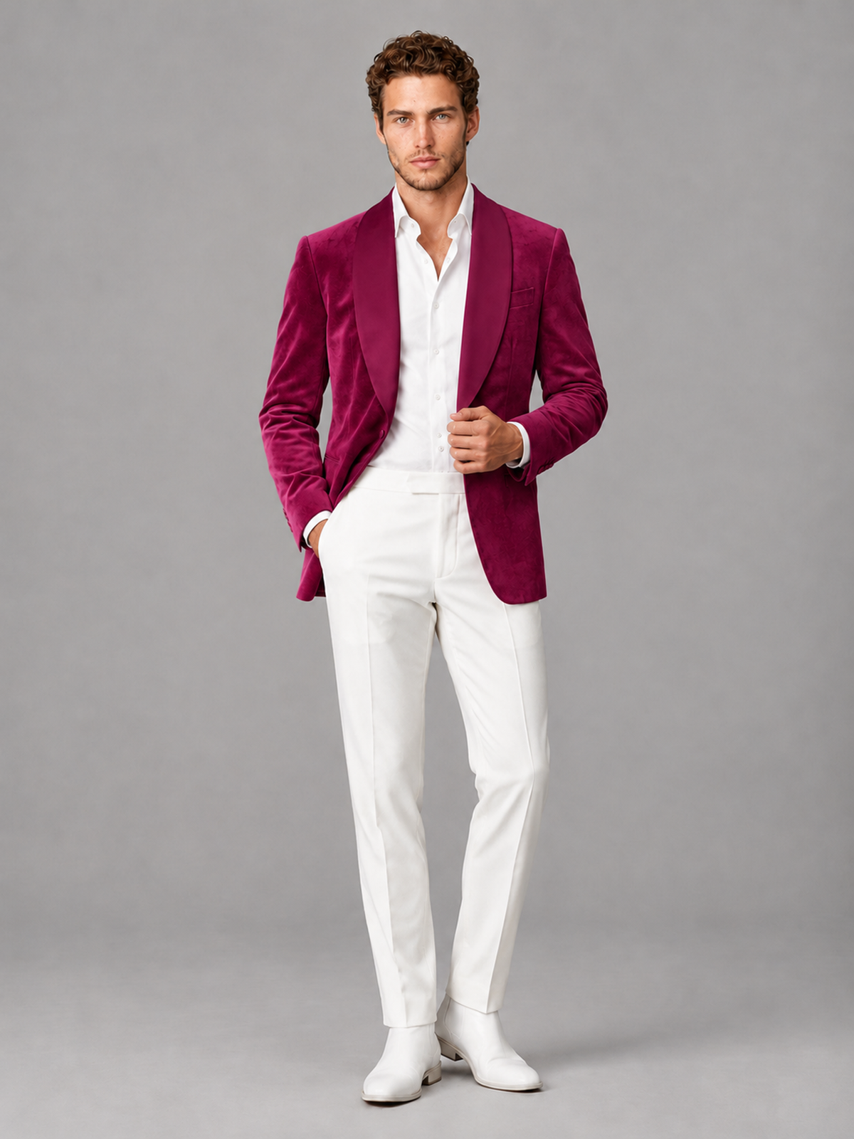 Savile Men's Fuchsia Velvet Shawl Lapel 2-Piece Tuxedo Suit Set | Jacket & White Trousers - Fuchsia - Fuchsia (4)