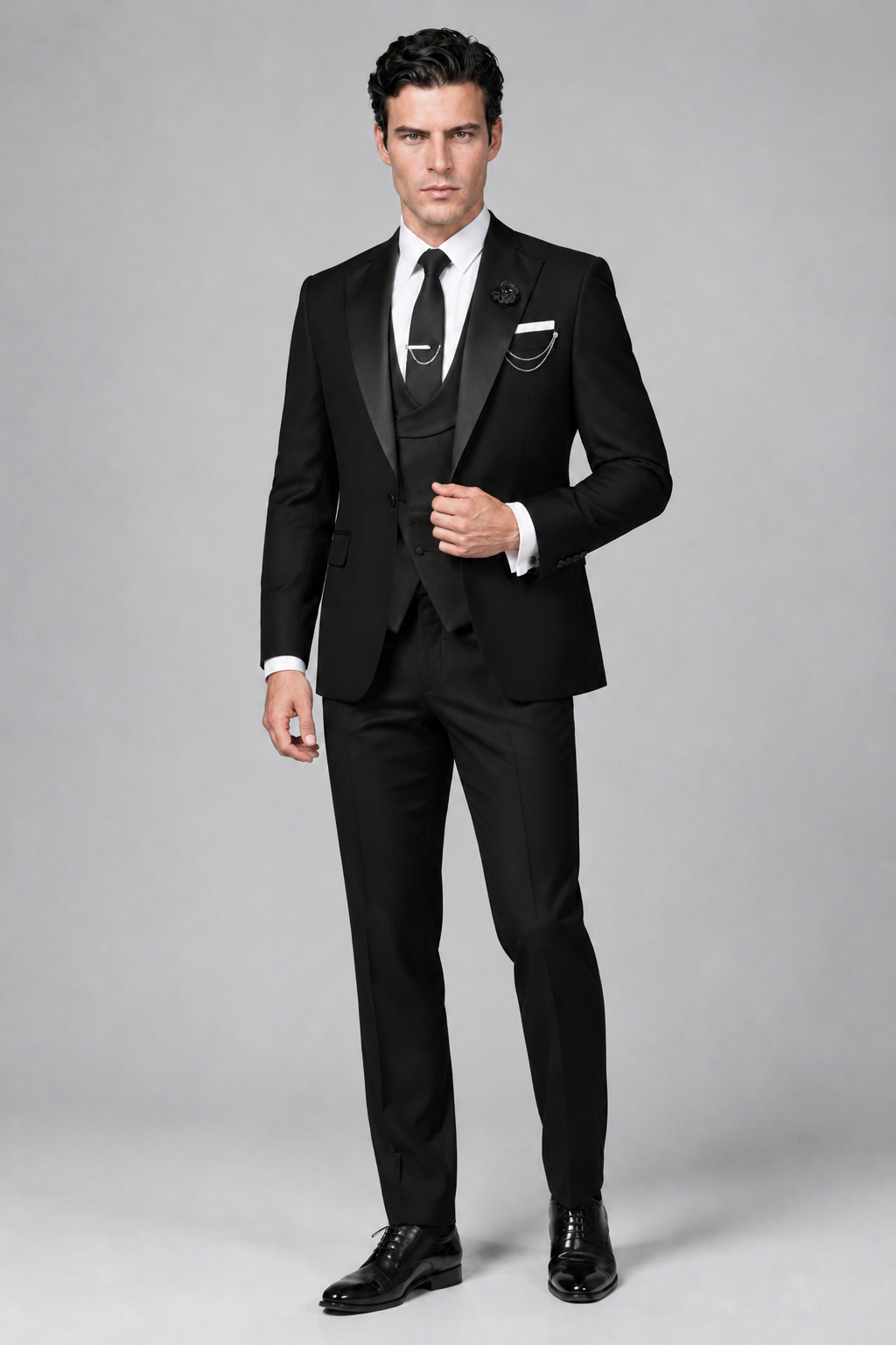 Savile Men's Full Black 3-Piece Tuxedo Suit – Contrast Silver Peak Lapel & Grey Vest Formal Set - Full Black - Full Black(4)