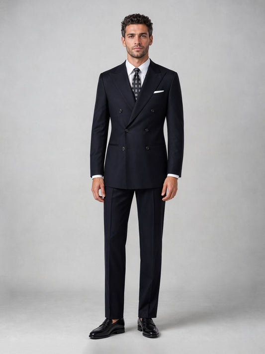 Men's navy double-breasted suit - side view adjusting cuffs showing jacket structure