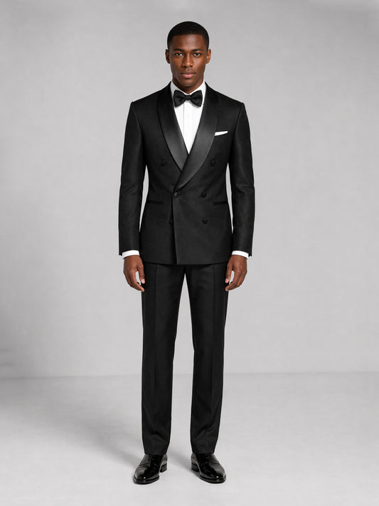 Men's black tuxedo suit - full length front view standing pose showing complete silhouette