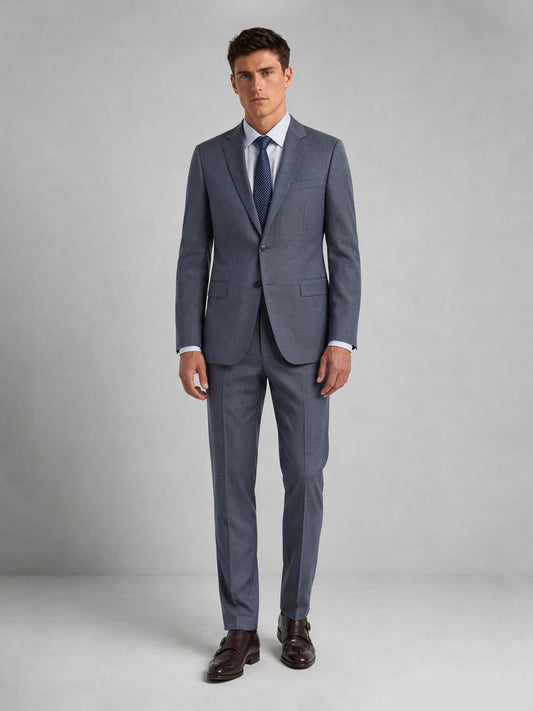 Savile Men's Steel Blue Slim-Fit 3-Piece Suit Set – Front Half Body View
