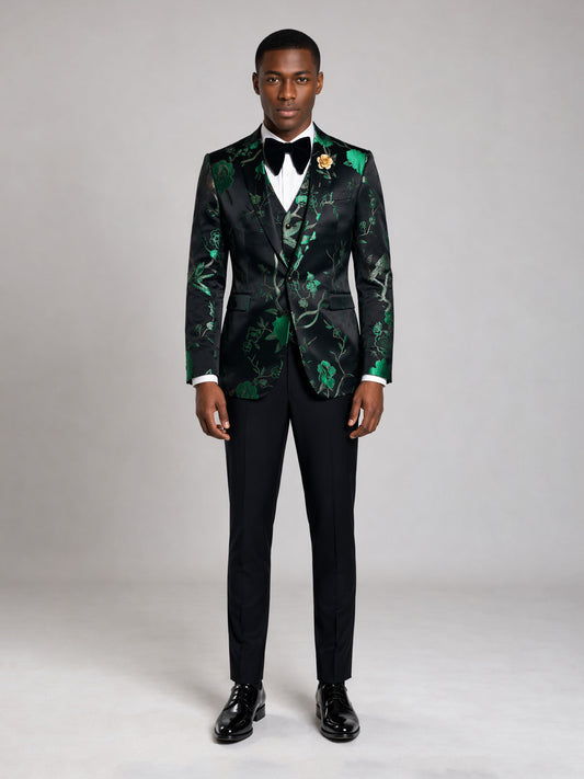 Savile GA0037 Black Green Floral Jacquard 4-Piece Tuxedo Suit – Front upper body, looking down showing vest detail