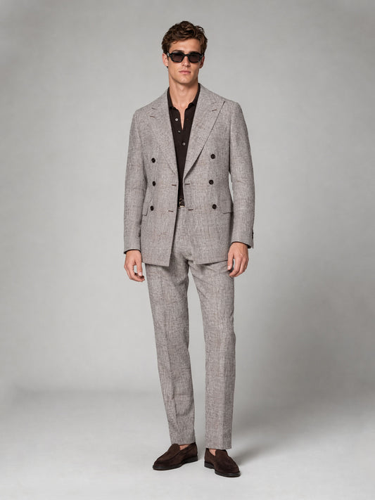 Savile GA0038 Grey Brown Glen Plaid Double-Breasted Suit – Front full body, walking pose