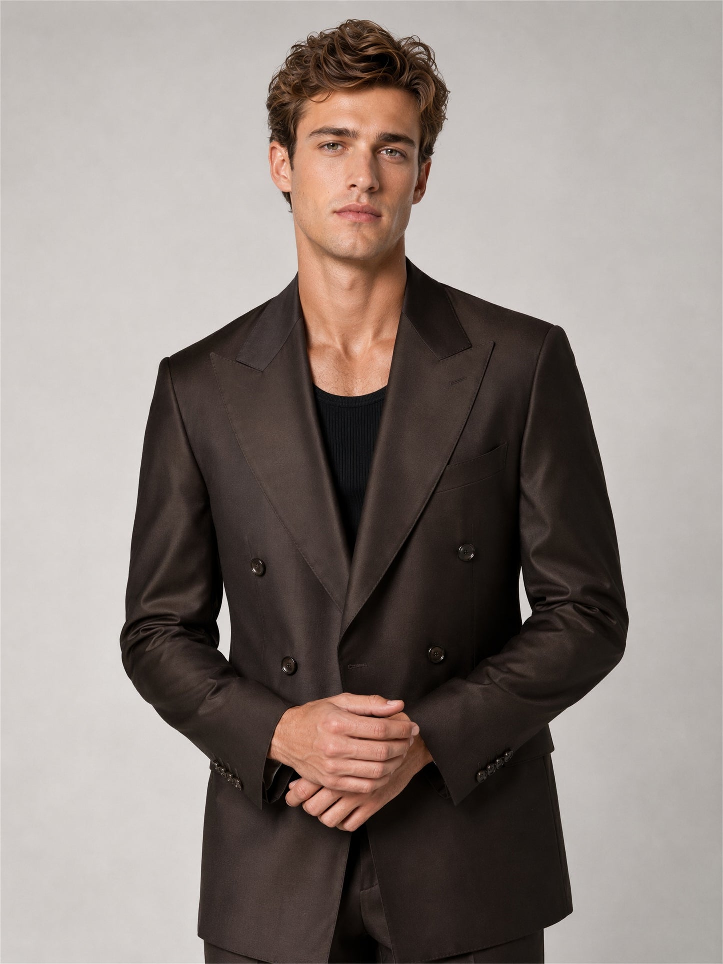 Savile GA0039 Dark Brown Double-Breasted Suit – Front upper body, hand in pocket pose