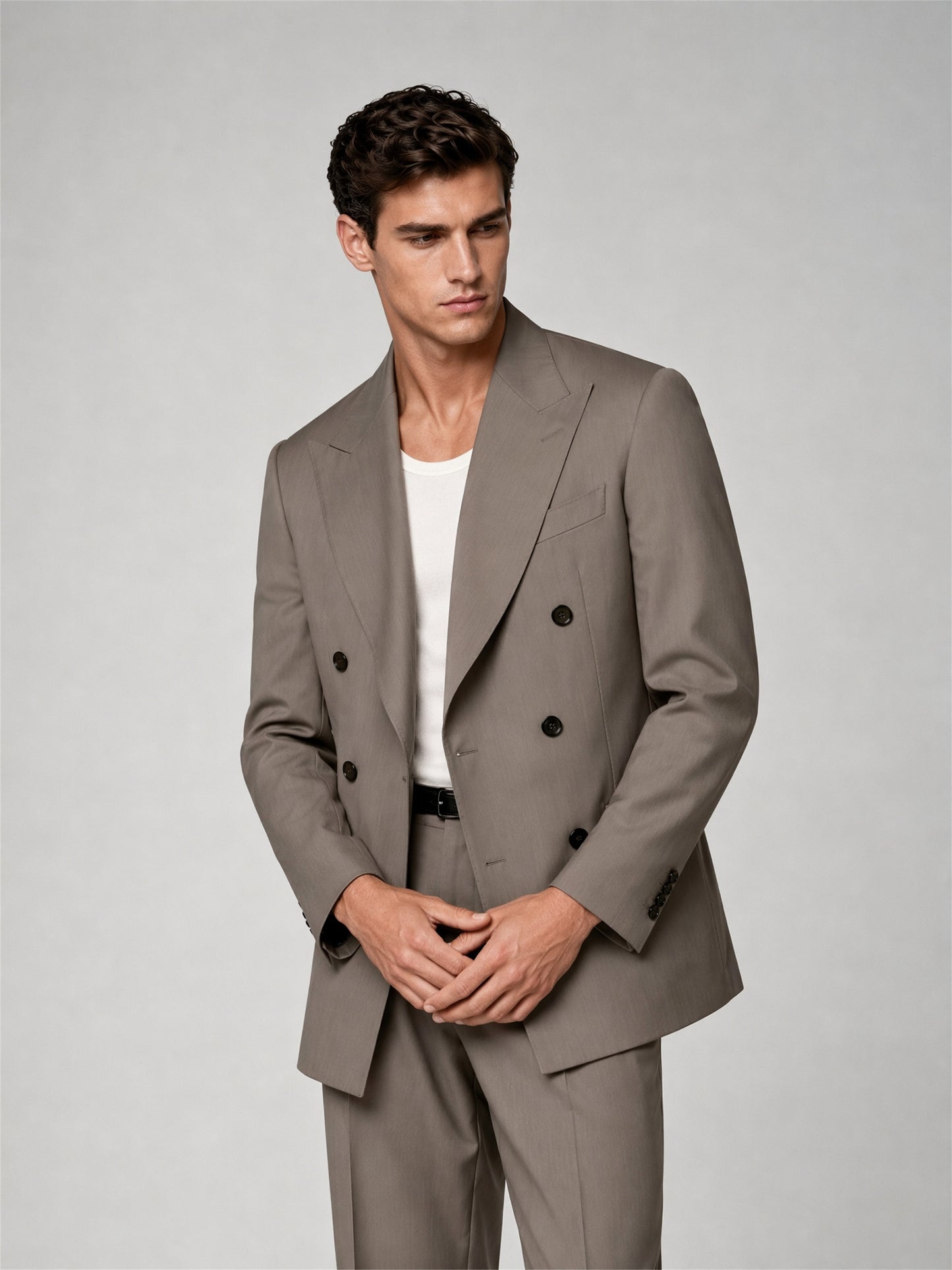 Savile GA0042 Mocha Brown Double-Breasted Suit – Front full body, walking pose