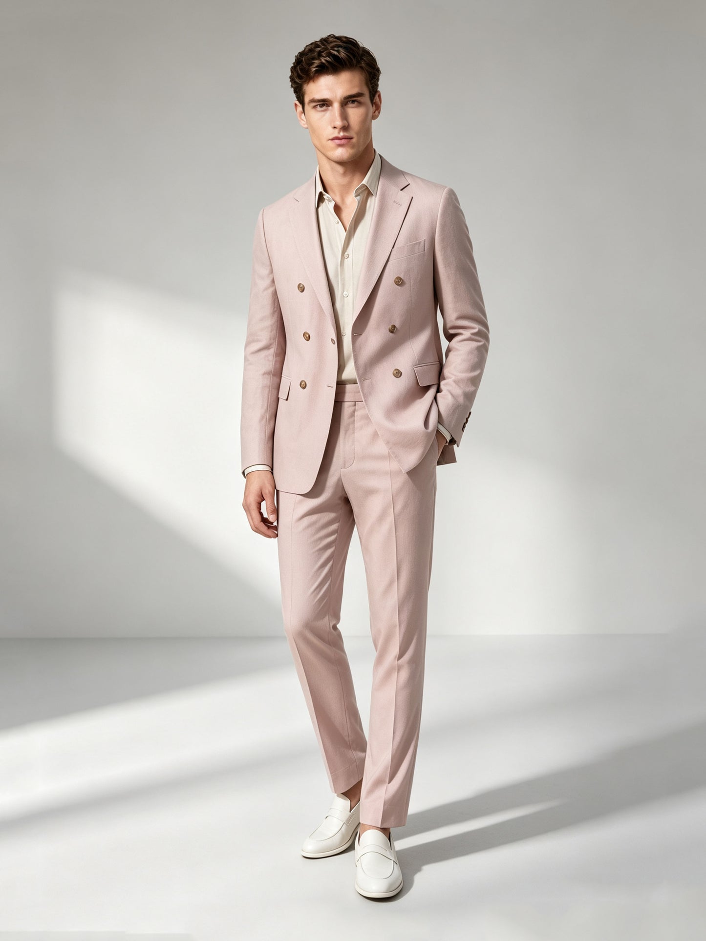 Savile GA0048 Blush Pink Double-Breasted Suit Set – Back view, linen texture and center vent detail