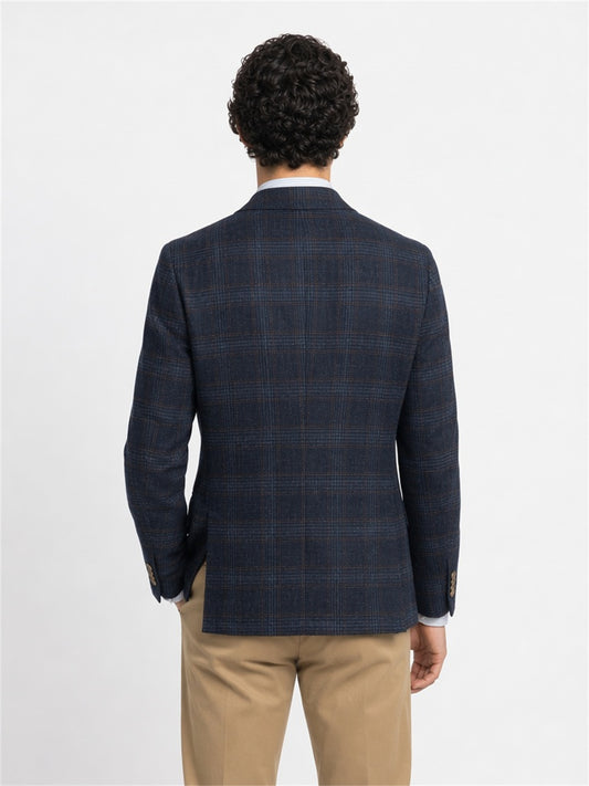 Savile GA0053 Navy Glen Plaid Linen Blazer – Back view, Glen Plaid pattern and center vent detail