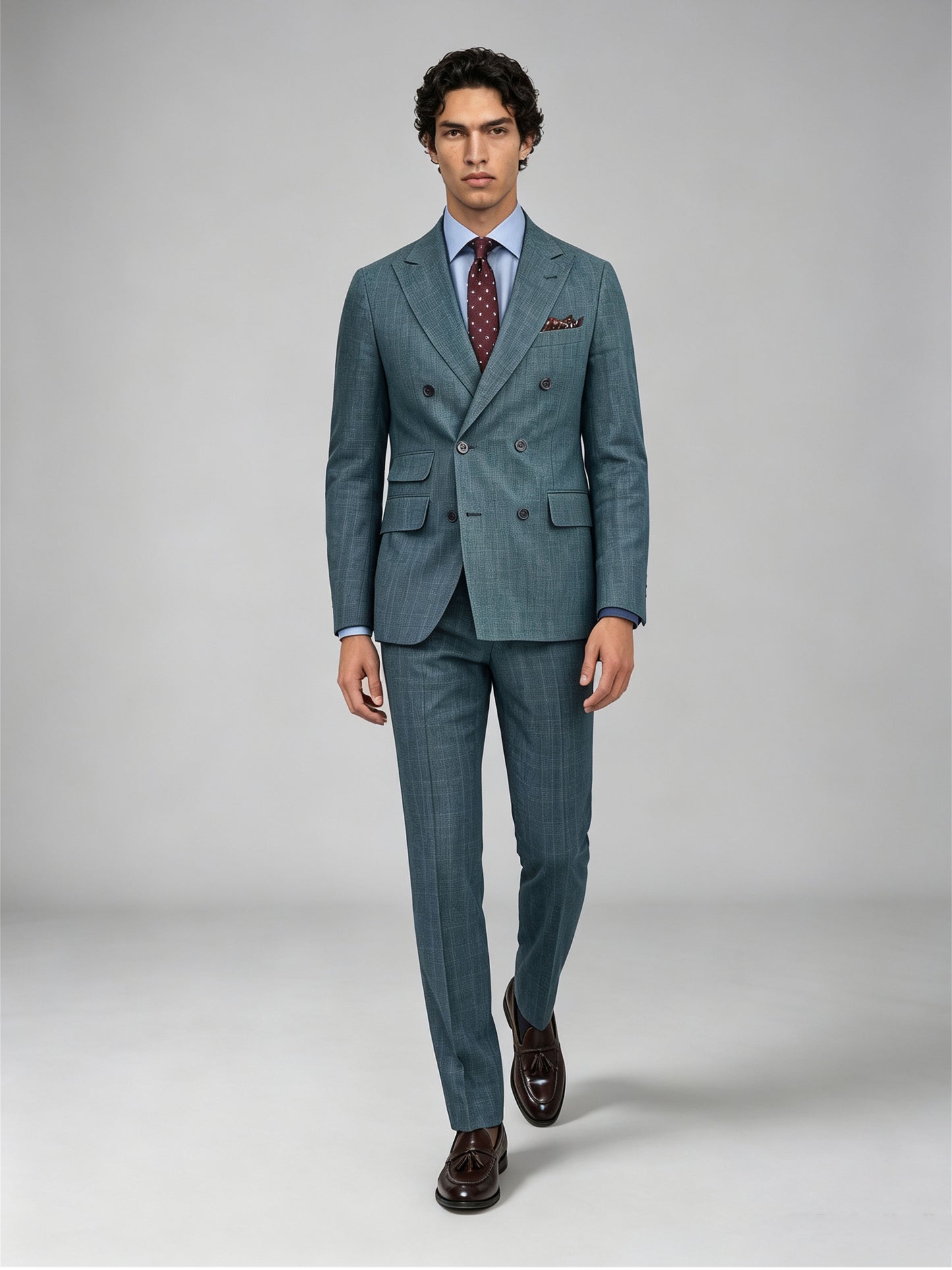 Savile GA0054 Teal Double-Breasted Linen Suit Set – Front full body, model standing, standard stance