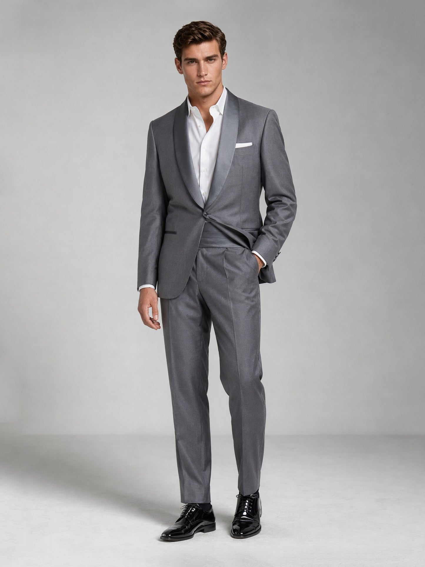 Savile GA0059 charcoal grey 3-piece suit set – upper body front view showing shawl lapel blazer, white open-collar shirt and pocket square