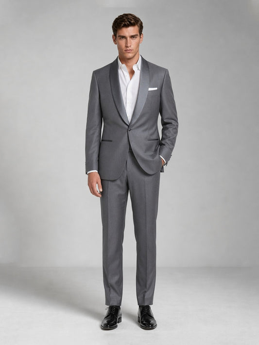 Savile GA0059 charcoal grey shawl lapel suit set – full body front view with hand in pocket