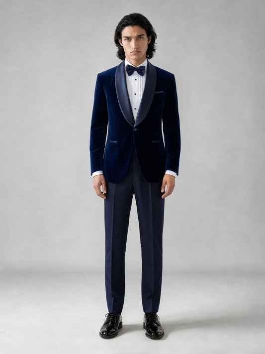 Savile GA0062 navy velvet tuxedo 3-piece set – full body front view, hands in pockets with black patent oxford shoes