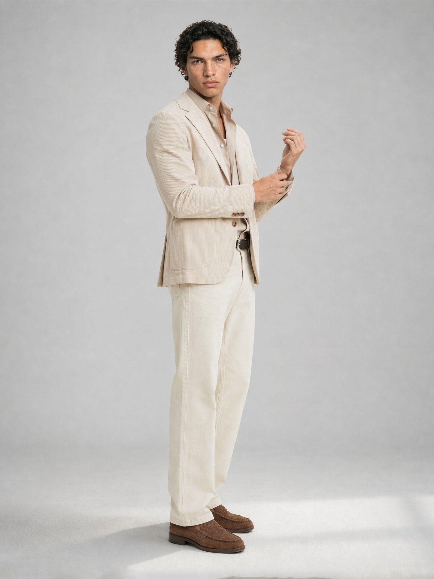 Savile GA0067 cream unstructured blazer – back view showing side vents, soft shoulder line and corduroy-stripe texture