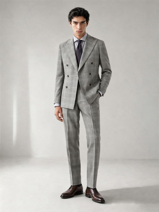 Savile GA0070 light grey glen plaid double-breasted suit – upper body front view showing peak lapel, six-button closure, stripe shirt and navy tie