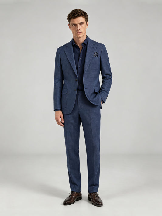 Savile GA0073 steel blue windowpane check suit – upper body front view showing notch lapel, two-button closure, navy open-collar shirt and printed pocket square