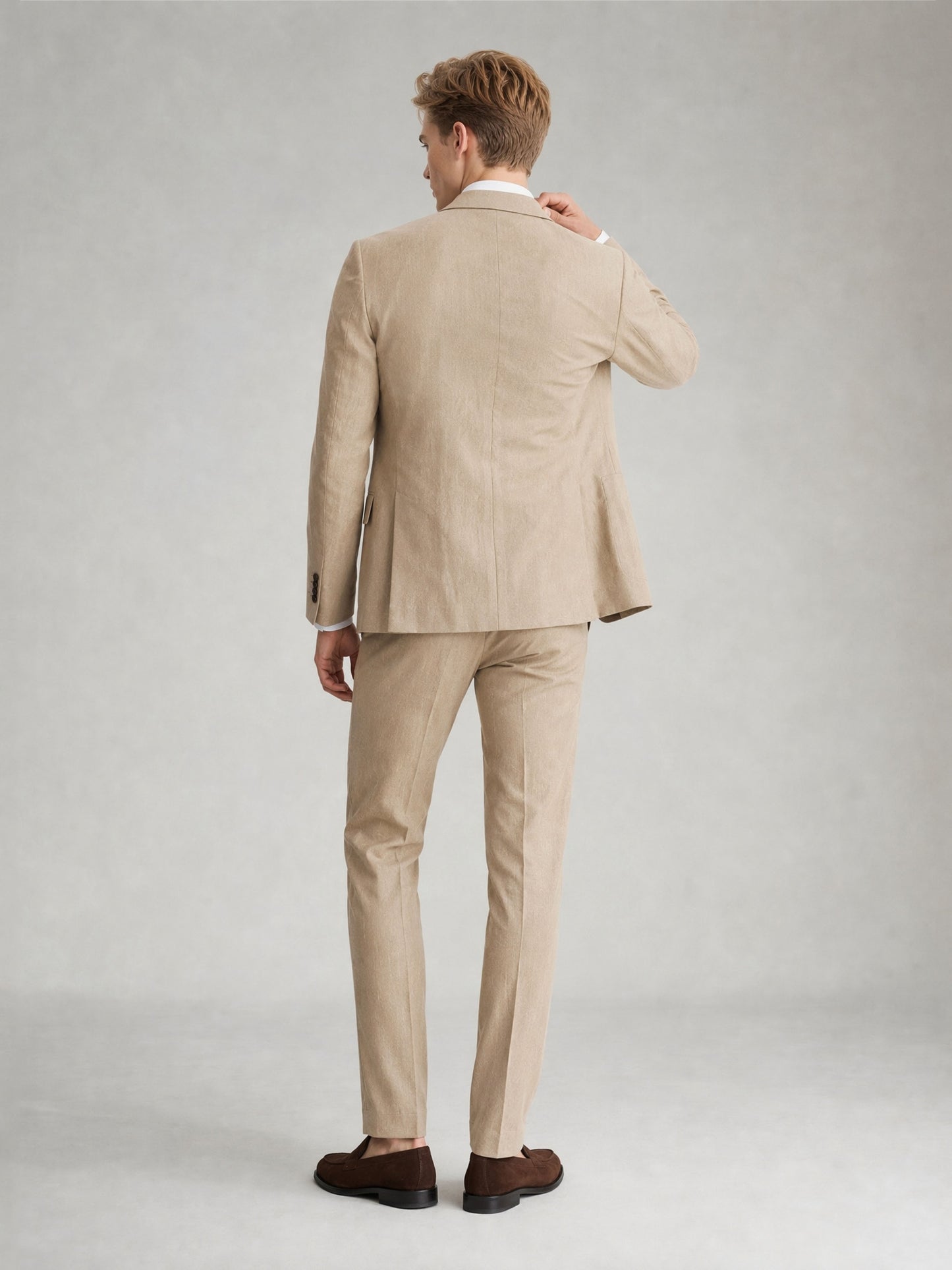 Savile GA0081 sand khaki linen 2-piece suit set – additional full body front view showing versatile warm-weather elegance and slim fit profile