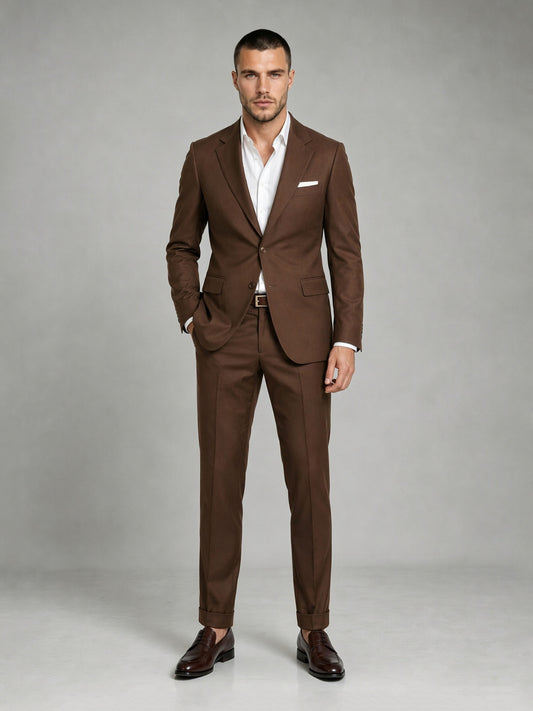 Savile GA0083 chocolate brown 2-piece suit set – full body front view, natural standing pose with dark brown penny loafers and turn-up trouser cuffs