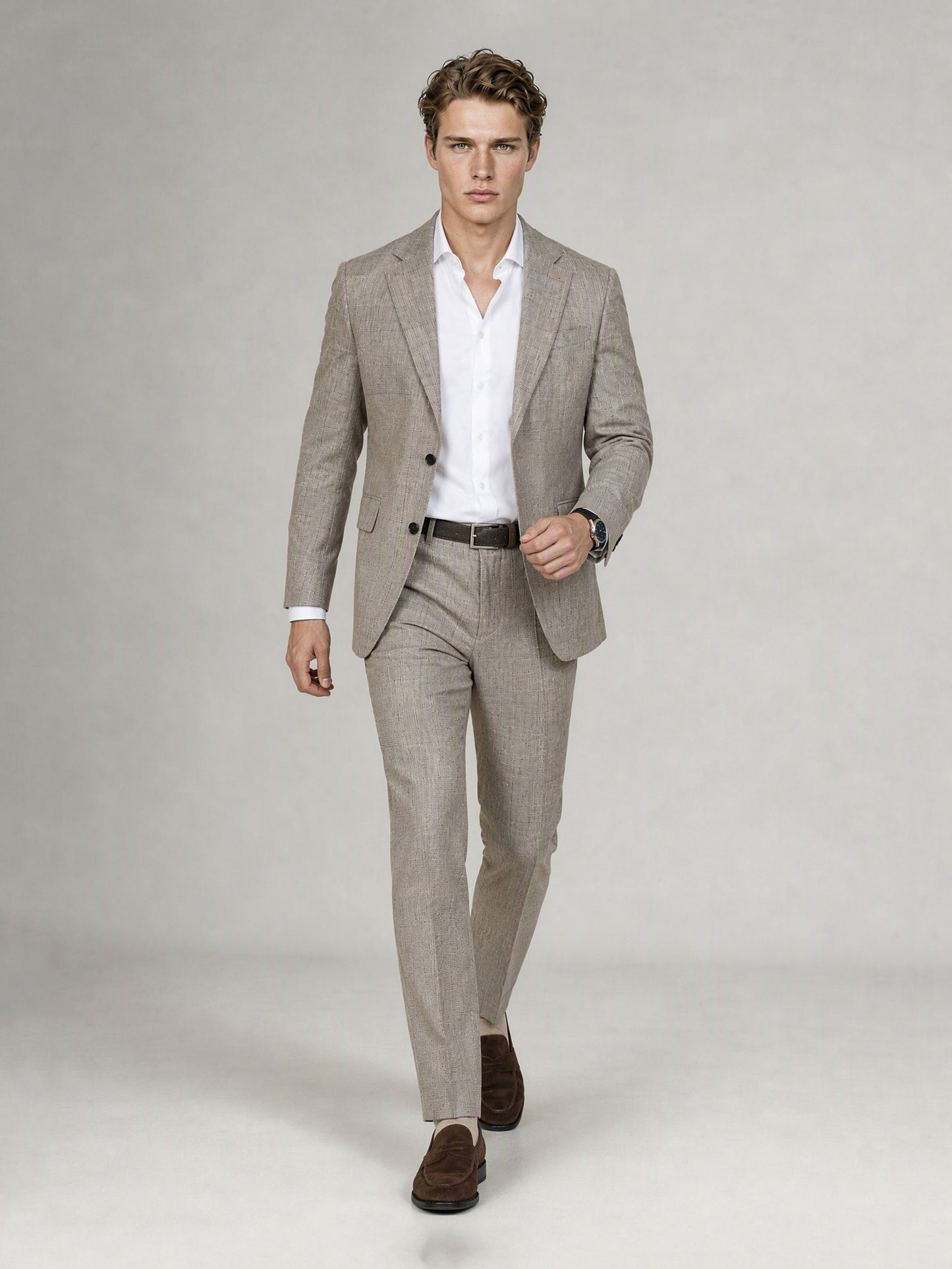 Savile GA0085 oatmeal glen plaid linen suit – full body front view, arms crossed showing structured notch lapel silhouette and slim trouser drape