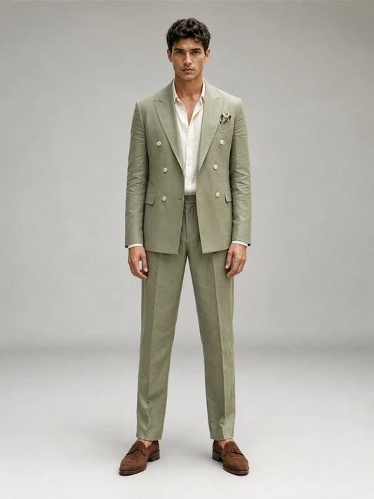 Savile Men's Sage Green Linen-Blend Double-Breasted 2-Piece Suit Set – Peak Lapel Slim-Fit Blazer & Turn-Up Trousers