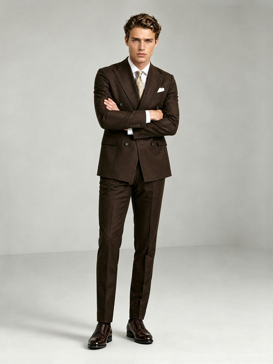 Savile GA0090 espresso brown wool 2-piece suit set – full body front view, both hands in pockets with dark brown brogue oxfords showing slim silhouette