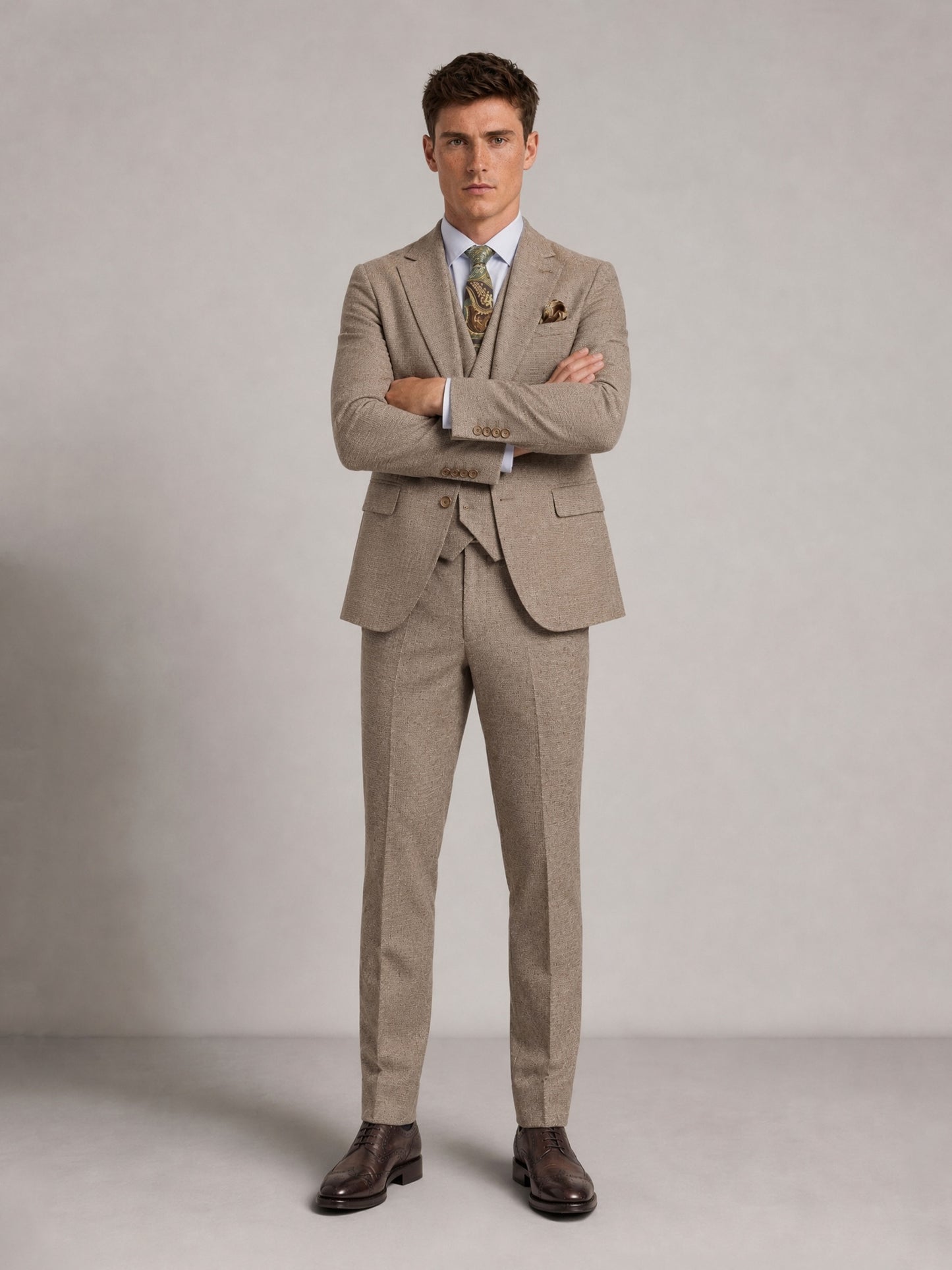 Savile GA0091 warm sand micro-check 3-piece suit set – back view showing side vents, structured notch lapel shoulders and slim trouser drape with dark brown oxfords