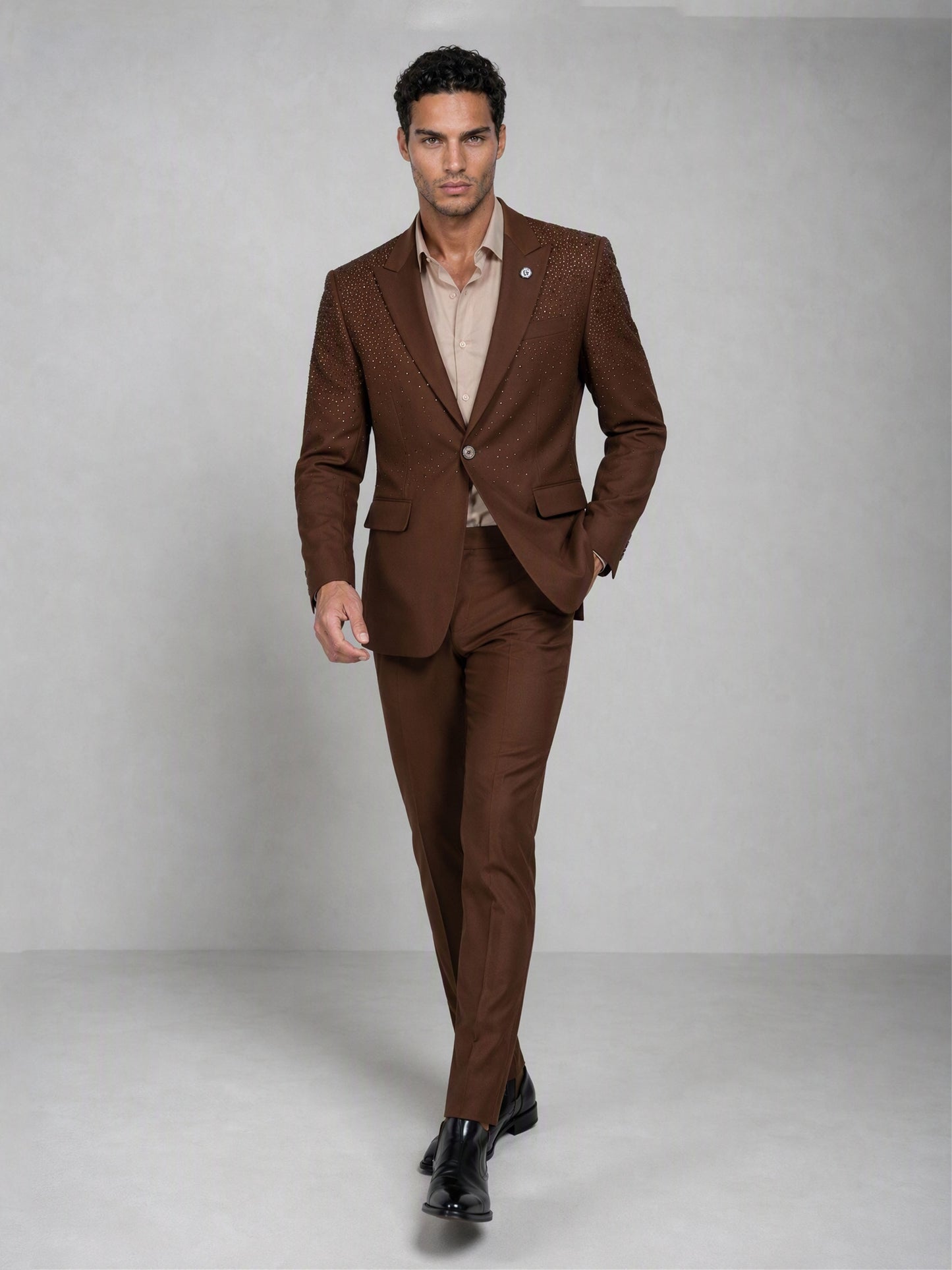 Savile brown rhinestone suit – back view showing rhinestone detail on shoulders