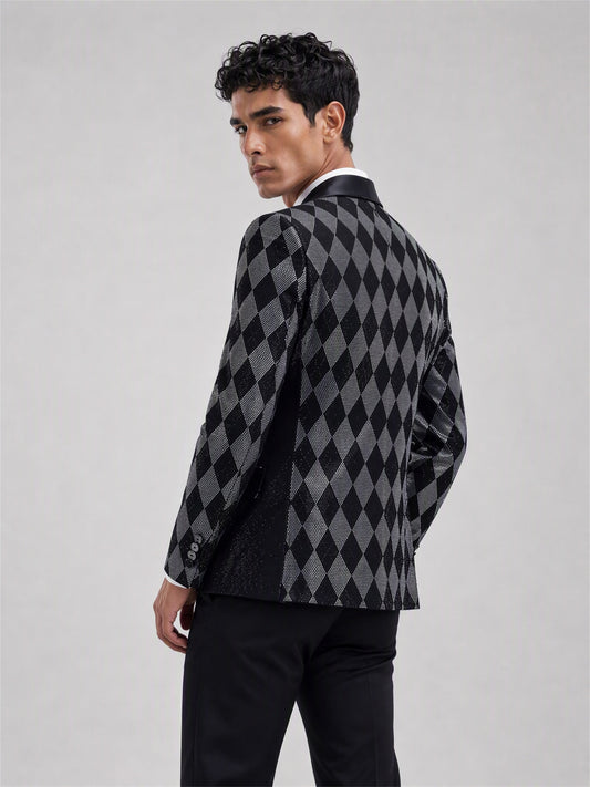 Savile black silver argyle crystal blazer – full-length side profile view showing silhouette and pattern depth