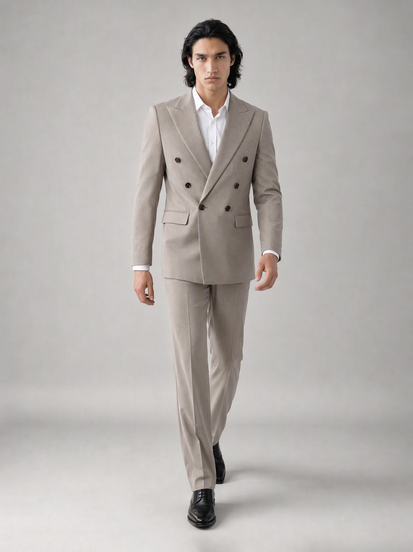 Savile Men's Sand Beige Double-Breasted Slim Fit 3-Piece Suit | Peak Lapel Blazer, Shirt & Trousers