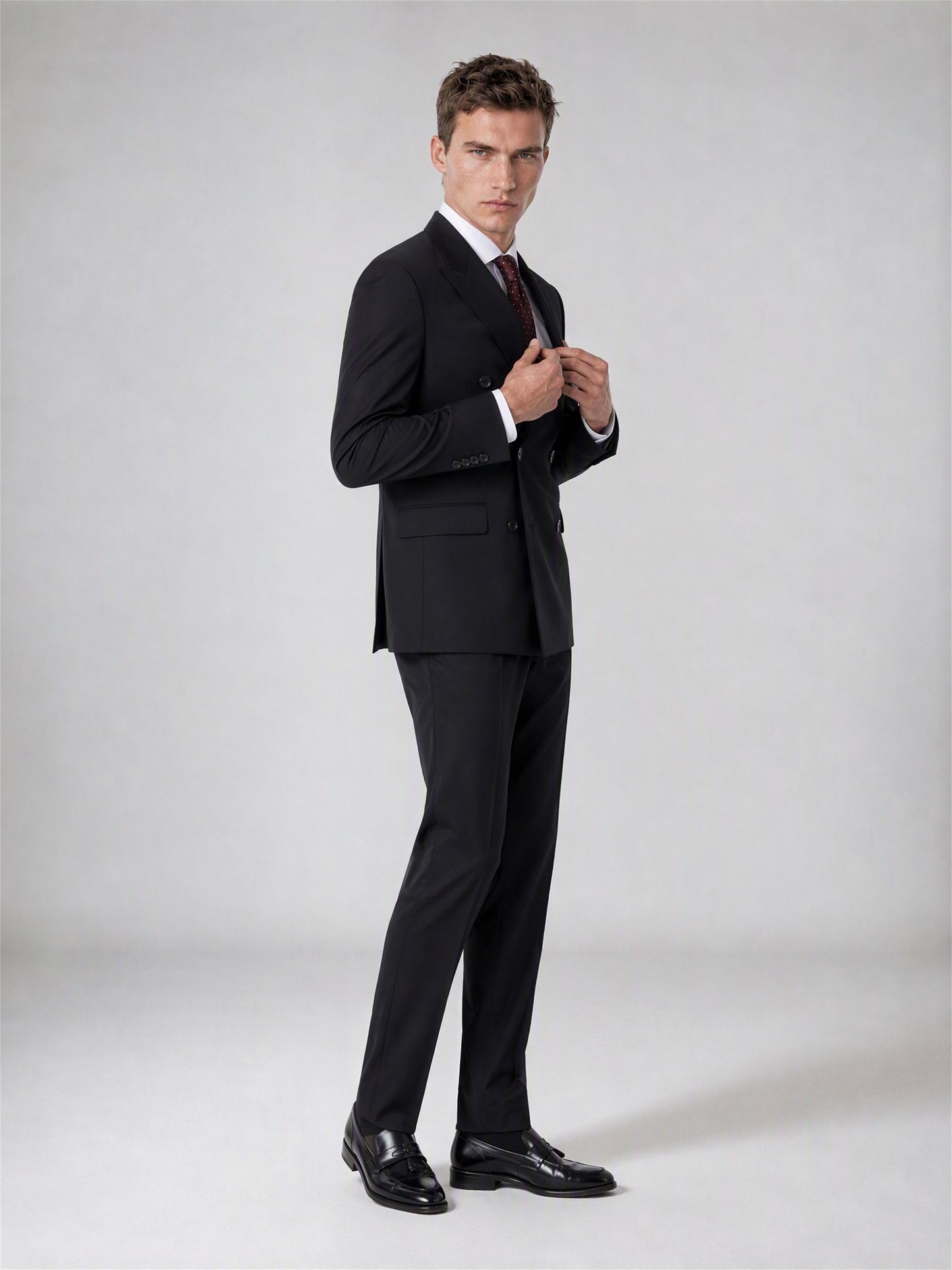 Men's Black Double-Breasted 2-Piece Suit – Upper Body Close-Up