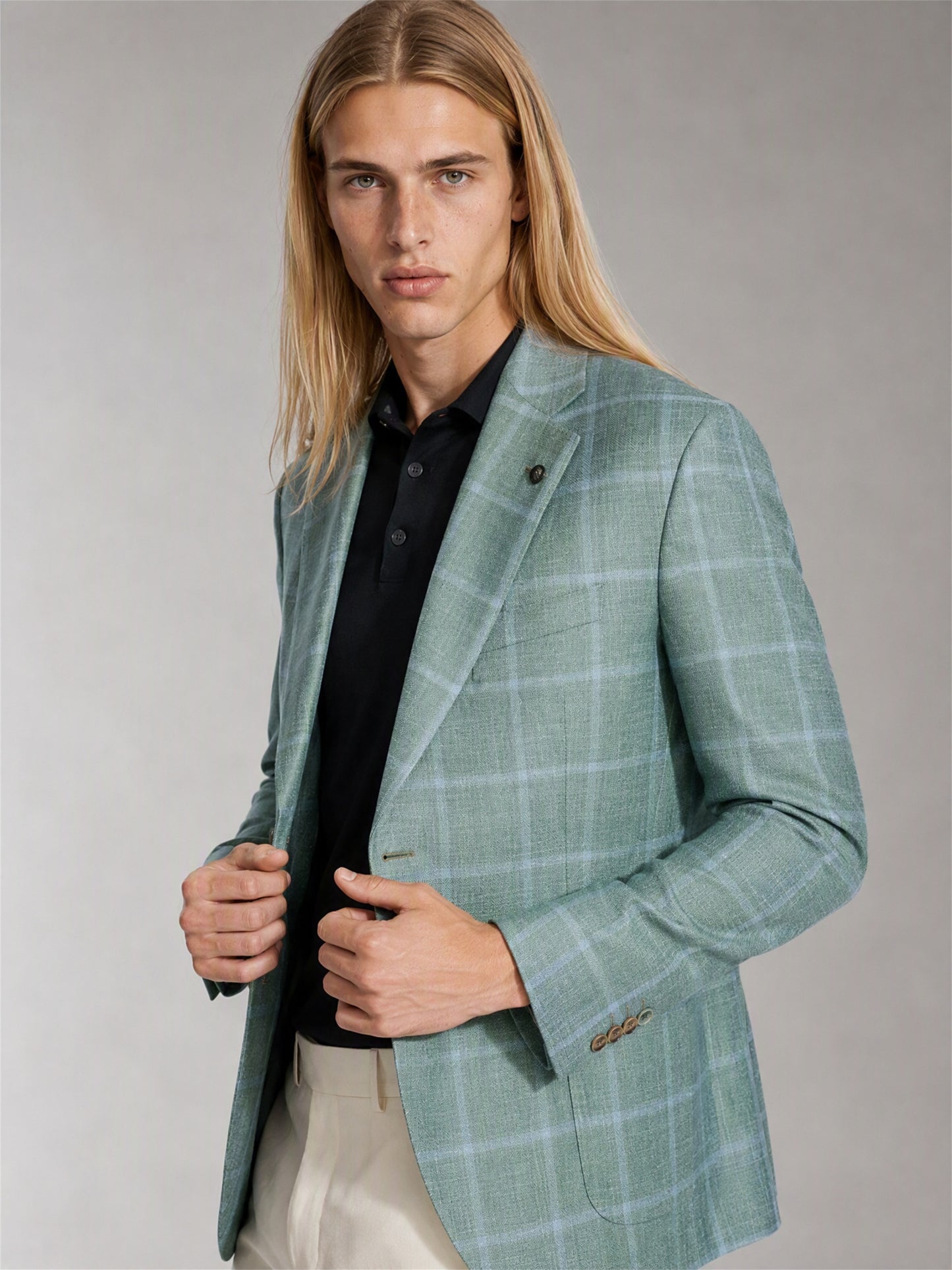 Men's Sage Green Plaid Slim-Fit Blazer – Full Body Front Second Angle