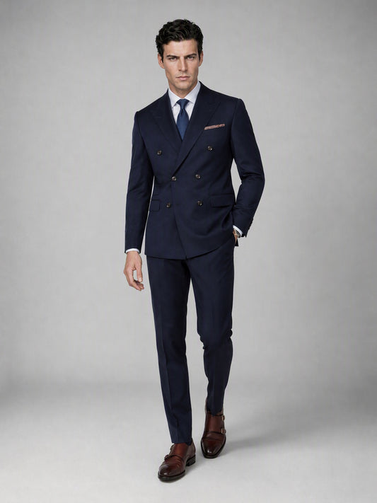 Men's Navy Blue Double-Breasted 2-Piece Suit – Full Body Front View