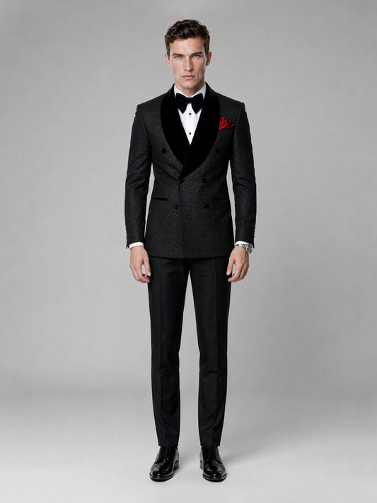 Savile GA0135 black glitter jacquard tuxedo suit - full-length front view showing complete 2-piece silhouette and patent Oxford shoes