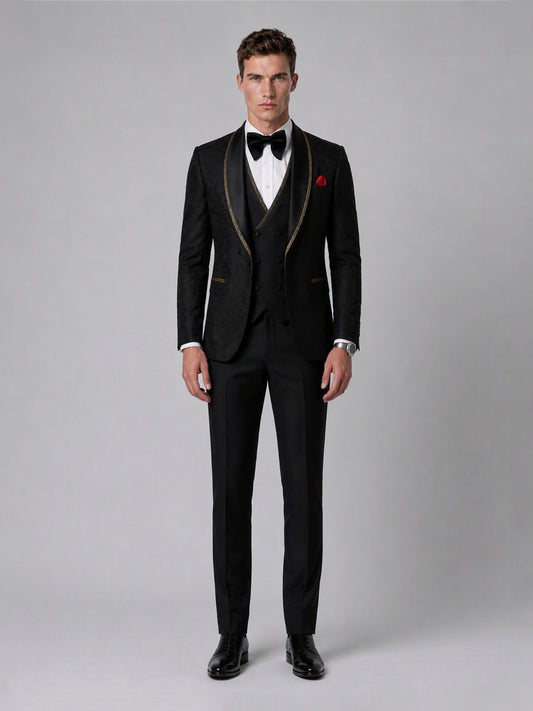 Savile GA0136 black jacquard gold-trim tuxedo suit - full front view showing complete 3-piece silhouette with bow tie and red pocket square