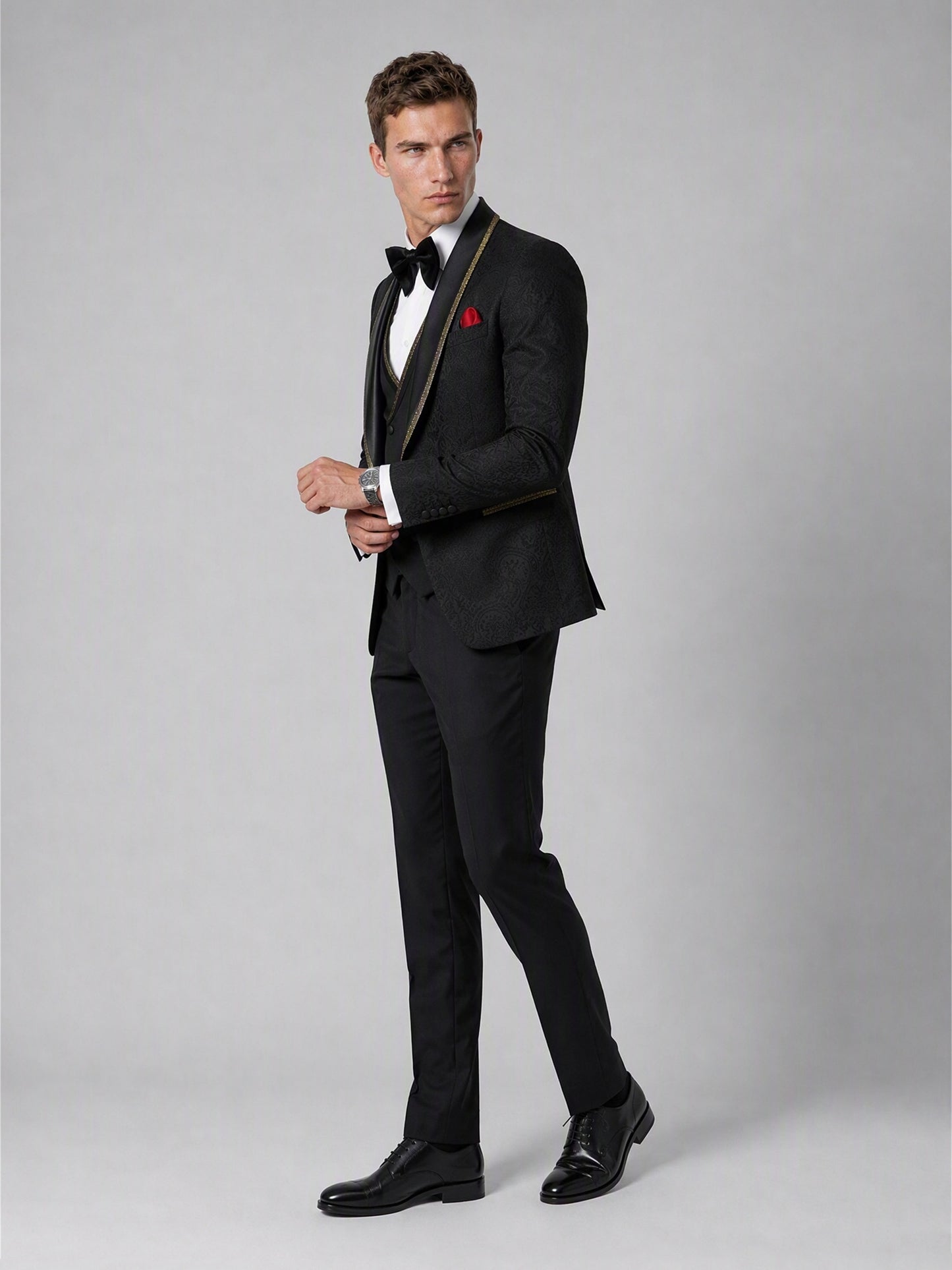 Savile GA0136 black jacquard tuxedo suit - side three-quarter view showing slim tailored fit and gold-trim pocket detail
