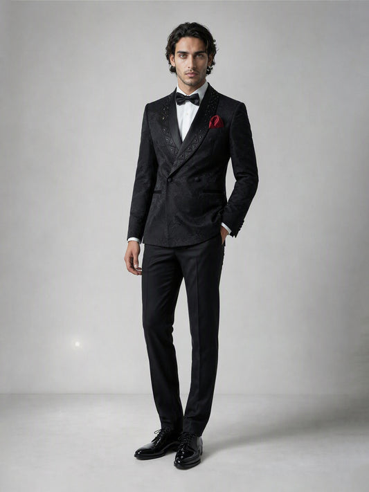 Savile GA0138 black jacquard tuxedo suit - three-quarter front view showing crystal stud detail on satin shawl lapel and slim tailored fit