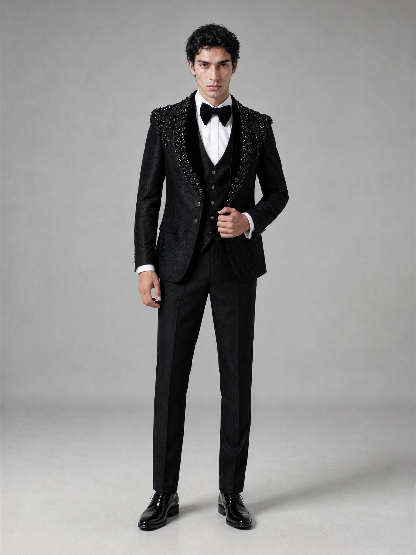 Savile GA0141 black crystal shoulder tuxedo suit - full front view showing complete 4-piece silhouette with bow tie and patent Oxford shoes