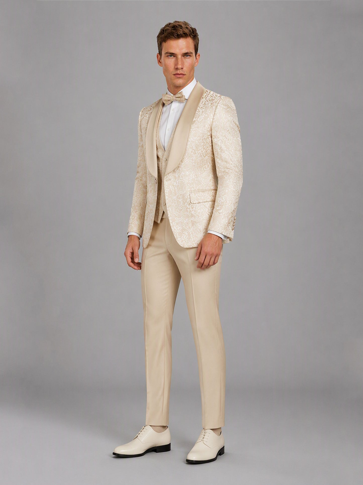 Savile GA0150 Men's Champagne Jacquard Embroidered Tuxedo – Side Profile View with Brown Shoes