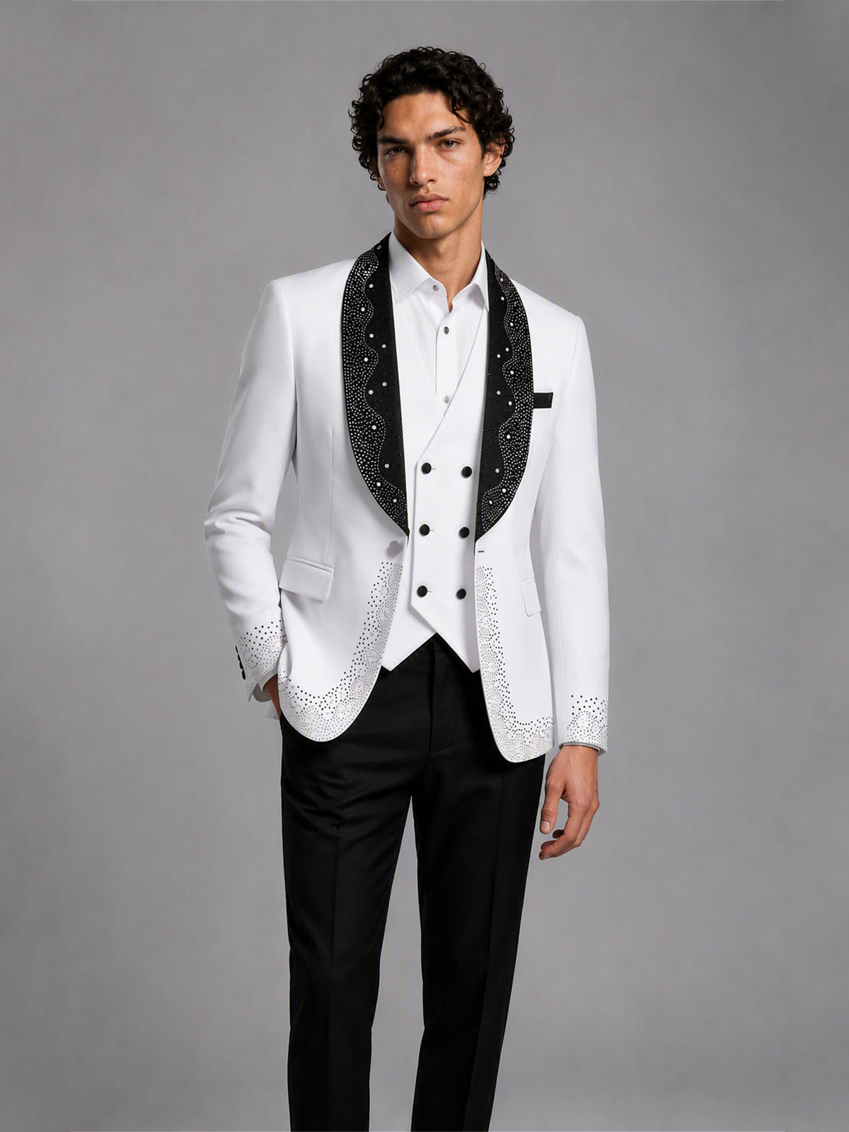 Savile GA0152 Men's White Rhinestone Tuxedo Set – Front Close-Up with Crystal Shawl Lapel & Vest Detail