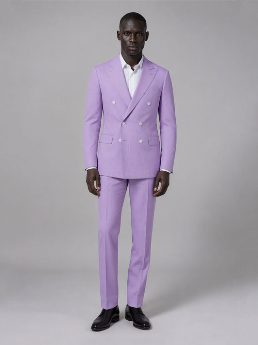 Savile GA0153 Men's Lavender Double-Breasted Pinstripe Suit – Side Profile View with Brown Loafers