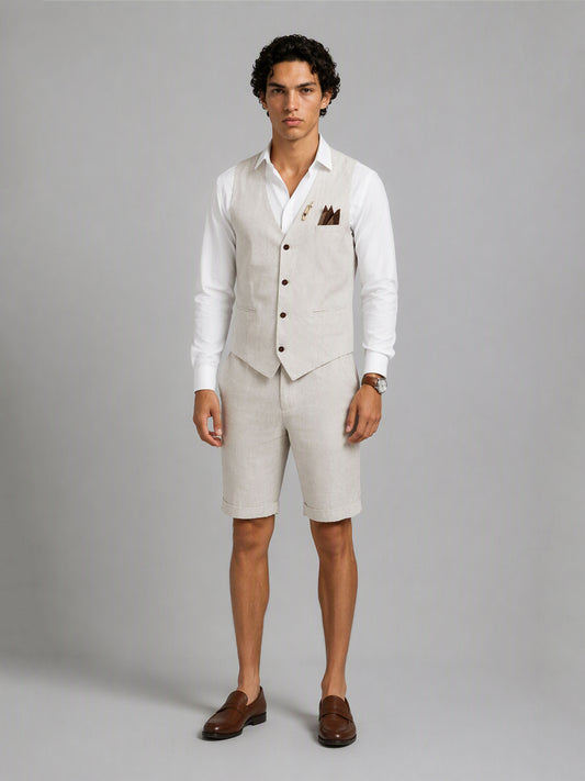 Savile GA0156 Men's Sand Beige Linen Vest & Shorts Set – Front Close-Up with Vest, Lapel Pin & Pocket Square Detail