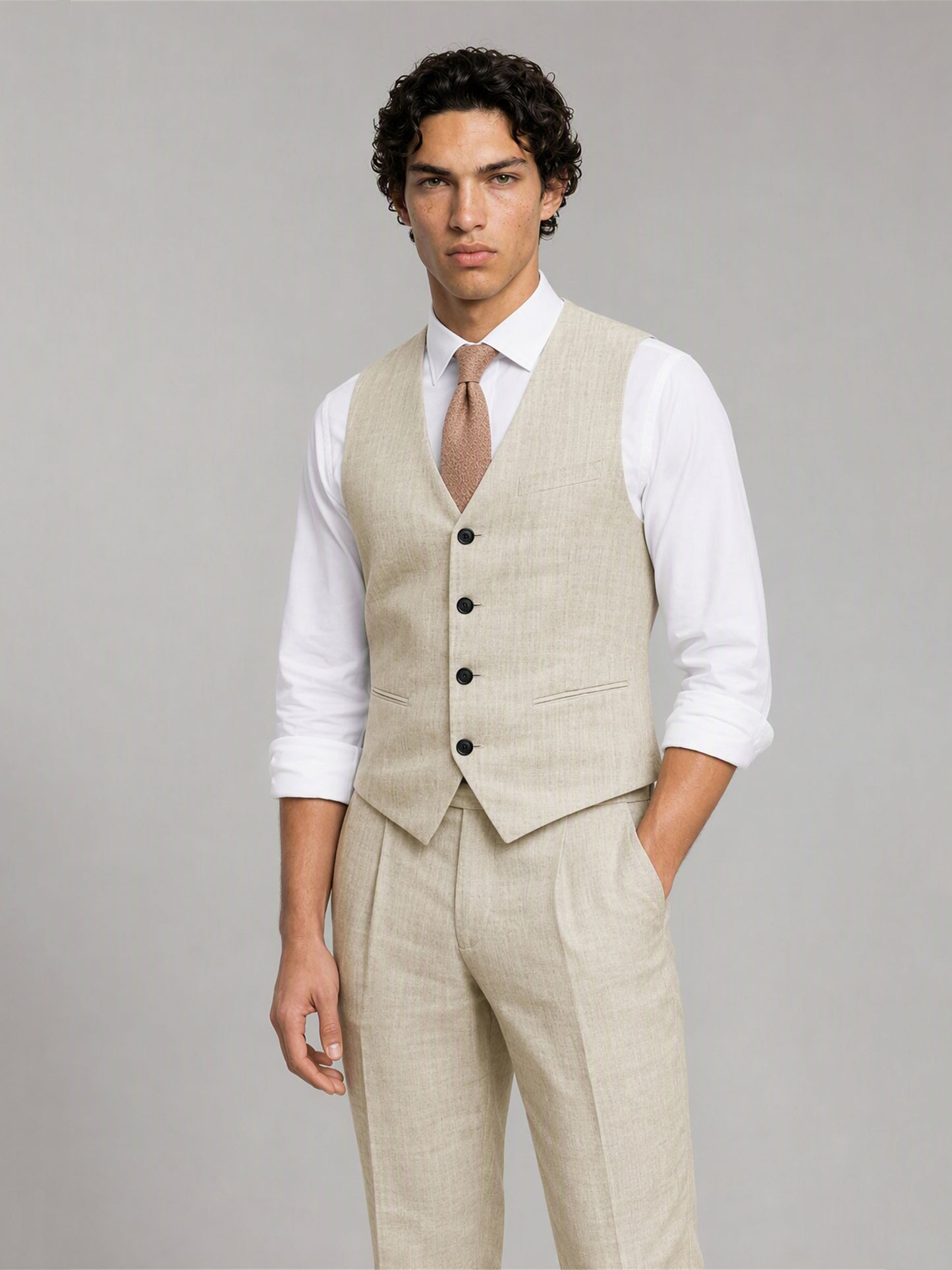 Savile GA0157 Men's Sand Beige Linen Vest & Trousers Set – 3/4 Angle Front View with Tie