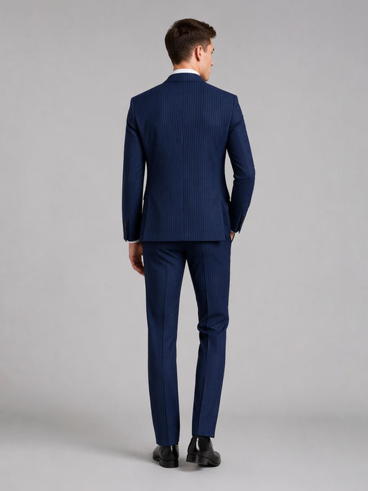 Savile GA0159 Men's Navy Blue Textured Stripe 3-Piece Suit – Back View with Black Oxford Shoes