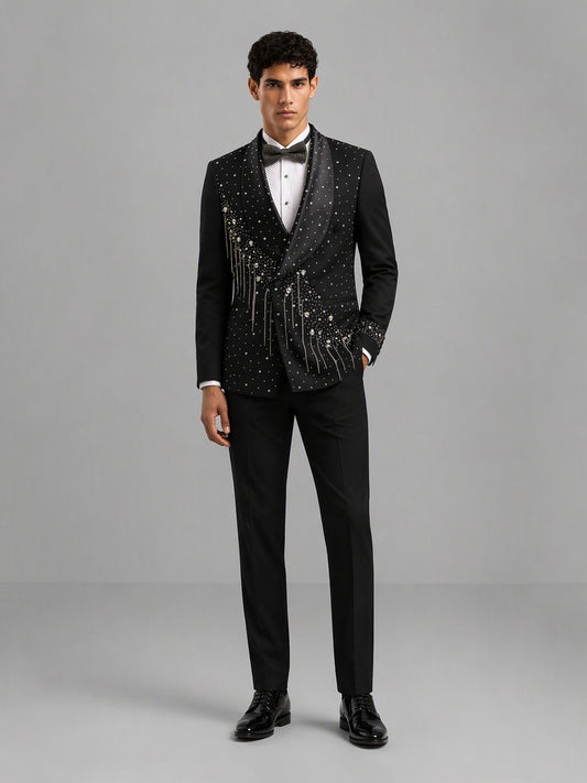 Savile GA0162 Men's Black Crystal Meteor Shower Tuxedo – Front Full Body View with White Shirt & Black Bow Tie