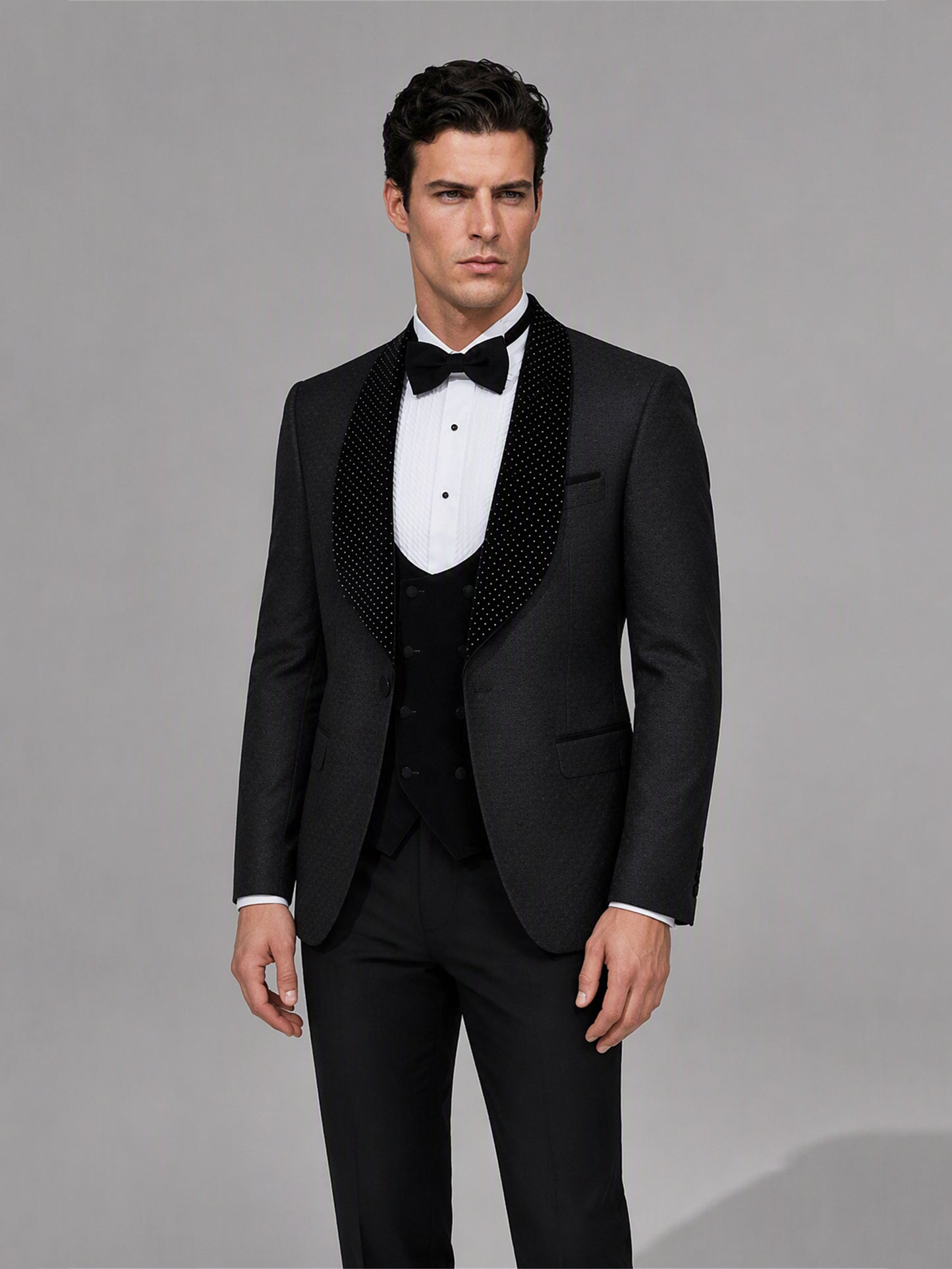 Savile GA0163 Men's Black Jacquard Crystal Shawl Lapel Tuxedo – Front Full Body View Showing Double-Breasted Crystal Vest
