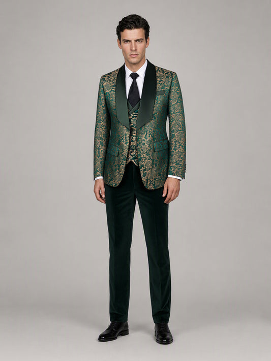Savile GA0170 Men's Emerald Green Gold Paisley Jacquard Tuxedo – Front Full Body View with Black Tie & Black Oxford Shoes