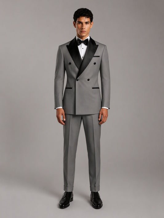 Savile GA0171 Men's Grey Double-Breasted Black Satin Peak Lapel Tuxedo – Front Full Body View with Black Bow Tie & Black Oxford Shoes