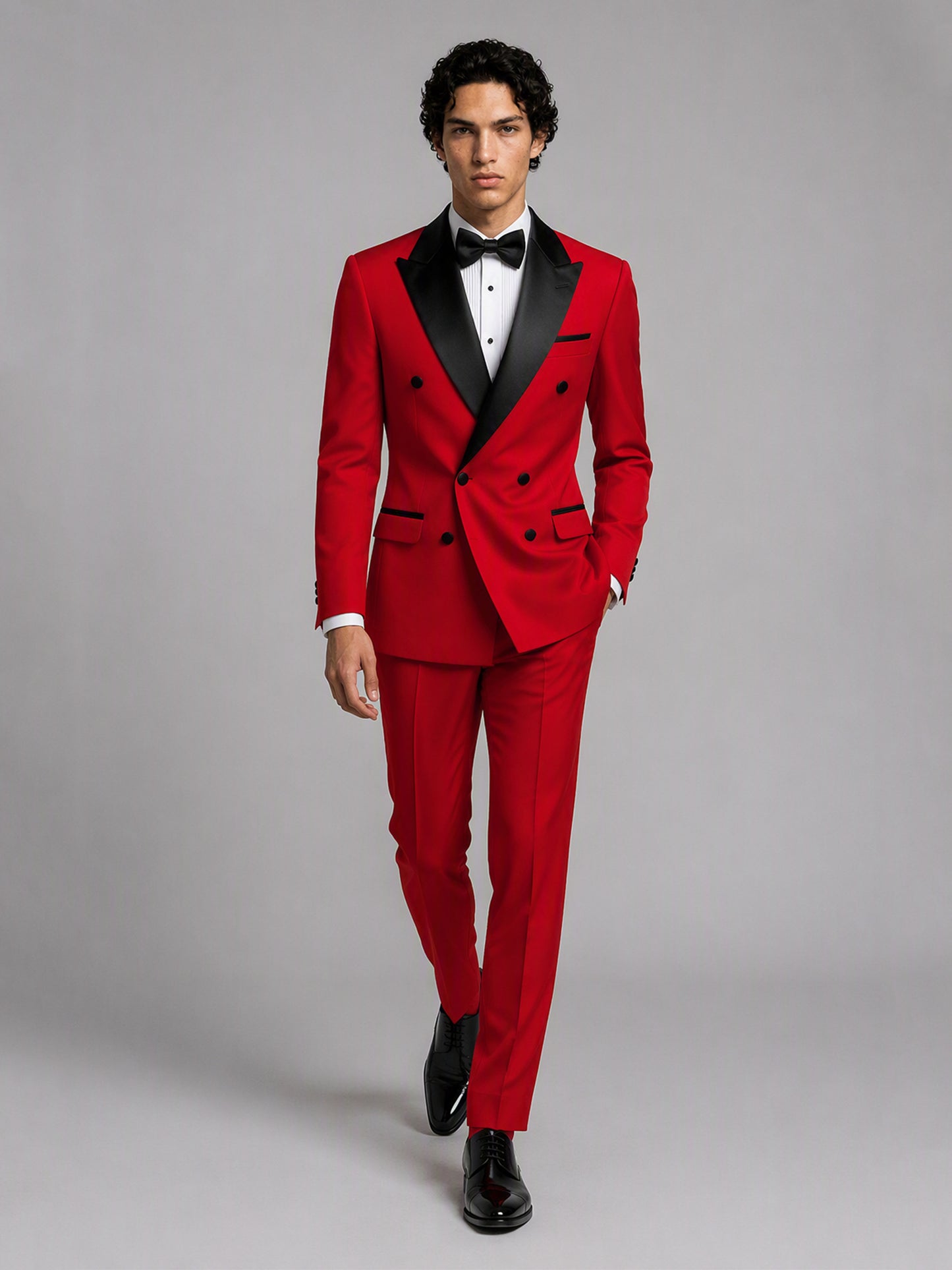 Savile GA0171 Men's Red Double-Breasted Black Satin Peak Lapel Tuxedo – Side Profile View with Black Oxford Shoes