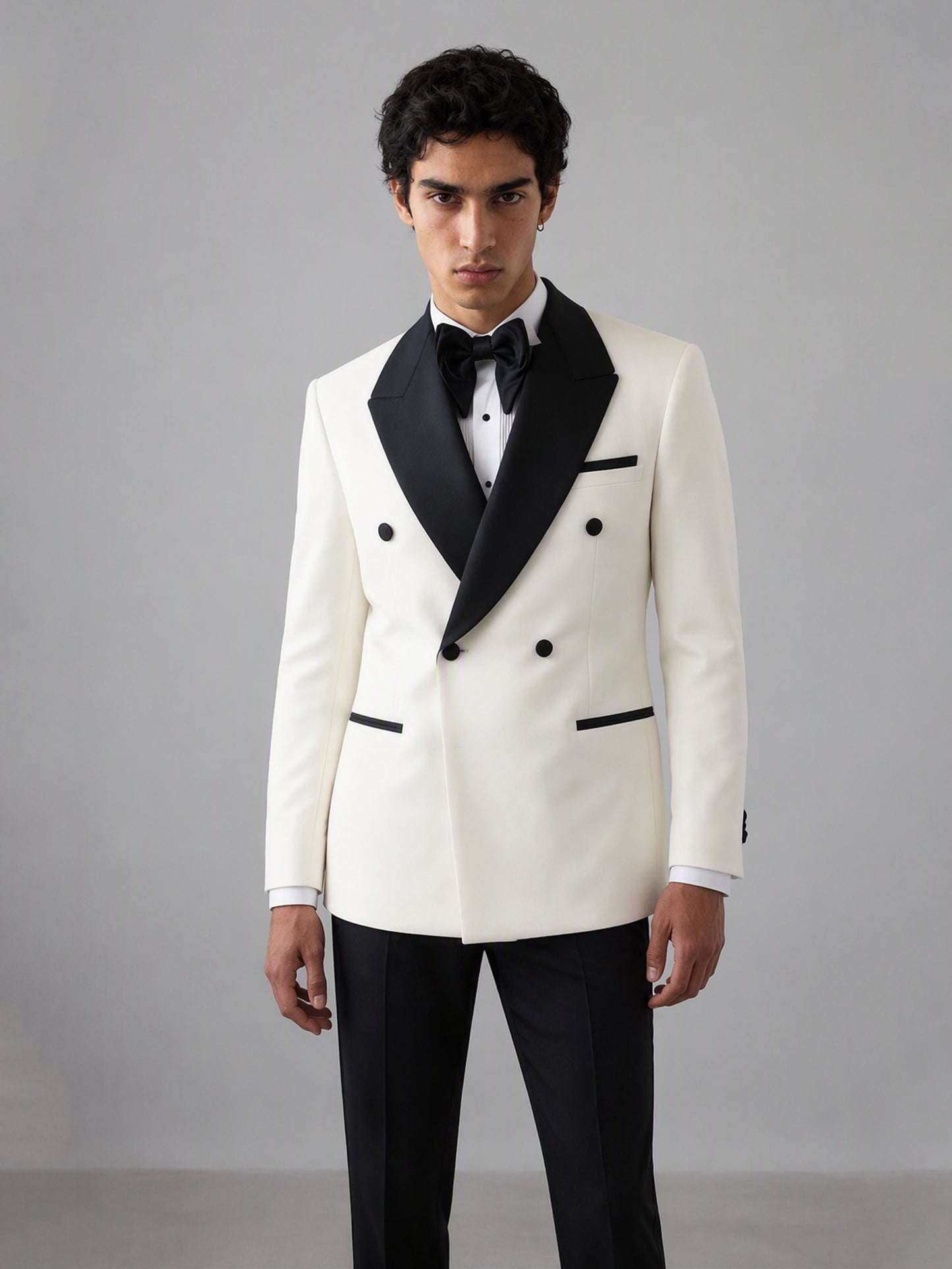 Savile GA0171 Men's Ivory White Double-Breasted Black Satin Peak Lapel Tuxedo – Front Close-Up with Black Satin Peak Lapel & Bow Tie Detail