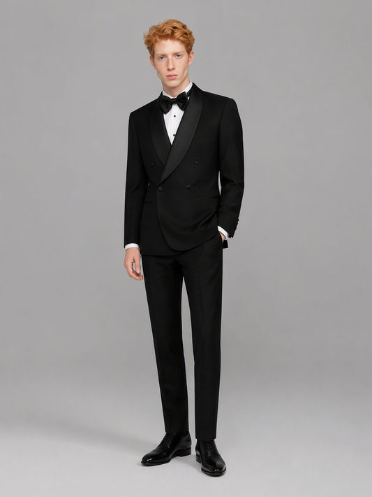Savile GA0173 Men's Black Double-Breasted Black Satin Shawl Lapel Tuxedo – Front Full Body View Hands at Sides with Black Patent Oxford Shoes