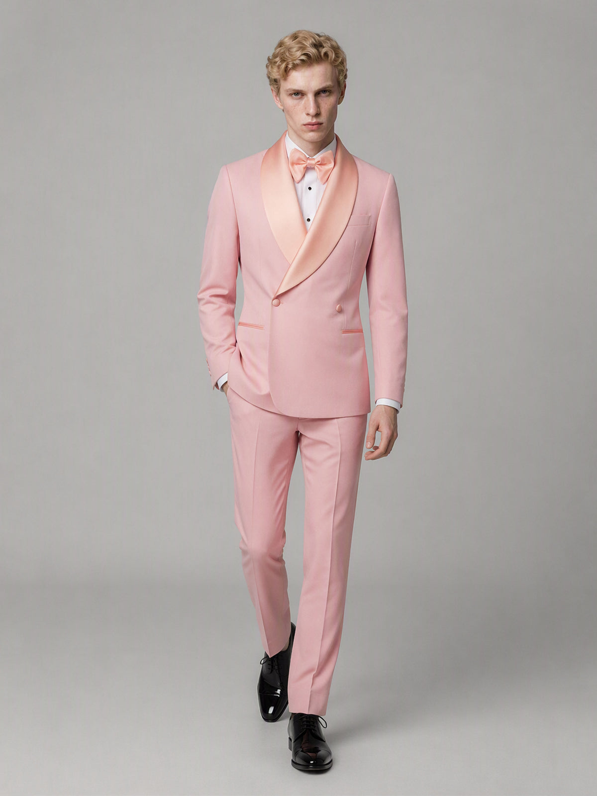 Savile GA0173 Men's Pink Double-Breasted Tonal Pink Satin Shawl Lapel Tuxedo – Front Close-Up with Pink Bow Tie & Tonal Pink Satin Shawl Lapel Detail